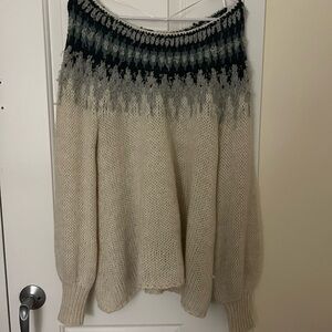 Free People Off-the-Shoulder Cream and green and blue Sweater